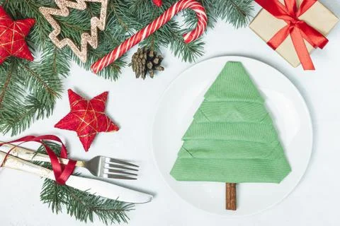 Christmas table setting with vintage dishware Stock Photos