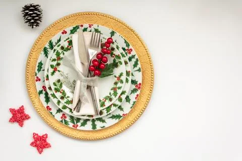 Christmas Table Setting on white background. Top view with copy space Foto stock