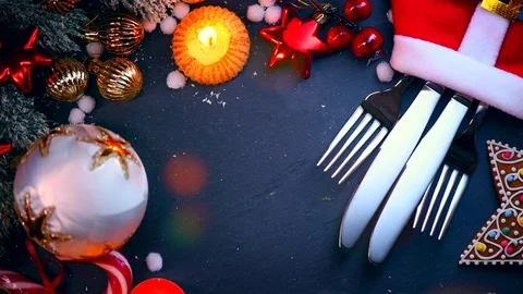 Christmas table settings. Holiday served table Stock Footage 70106539