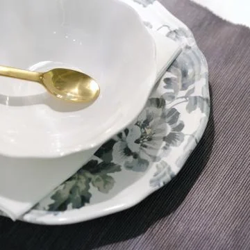 Christmas table on top. Elegant empty white plate, Cutlery on linen napkin Stock Photos