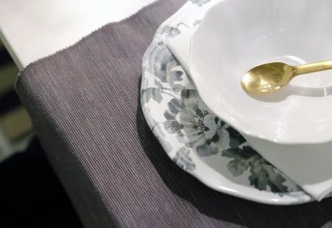 Christmas table on top. Elegant empty white plate, Cutlery on linen napkin Stock Photos