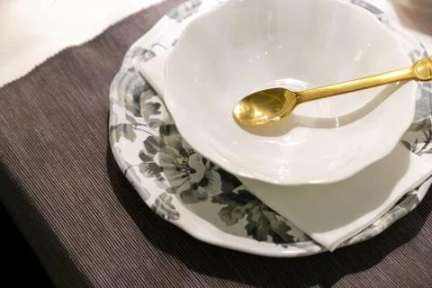 Christmas table on top. Elegant empty white plate, Cutlery on linen napkin Stock Photos