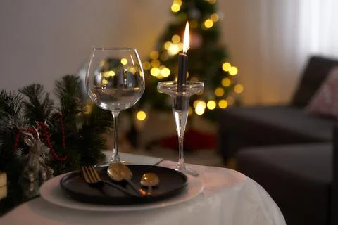 Christmas table. View of gilded table objects. Beautiful picture Stock Photos