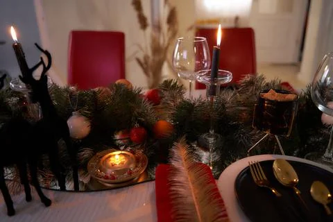 Christmas table. View of gilded table objects. Beautiful picture Stock Photos