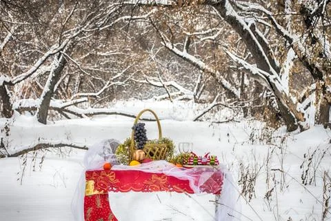 Christmas table in winter forest Stock Photos