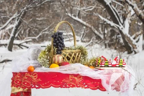Christmas table in winter forest Stock Photos