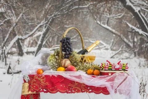 Christmas table in winter forest Stock Photos