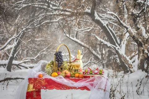 Christmas table in winter forest Stock Photos
