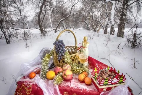 Christmas table in winter forest Stock Photos