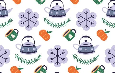 Christmas tea party seamless pattern with cute winter cozy elements on a whit Stock Illustration