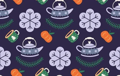 Christmas tea party seamless pattern with cute winter cozy elements on a dark 스톡 일러스트