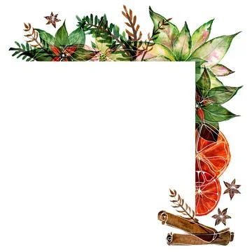 Christmas text space coner frame with watercolor poinsettia and ale and spice Stock Illustration