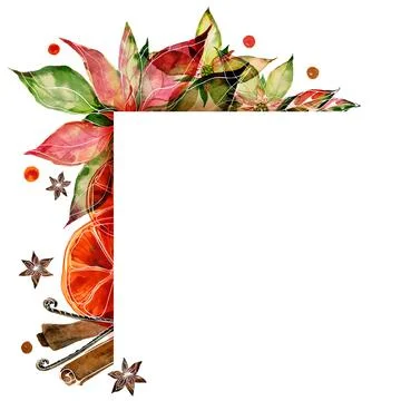 Christmas text space coner frame with watercolor poinsettia and spices Stock Illustration
