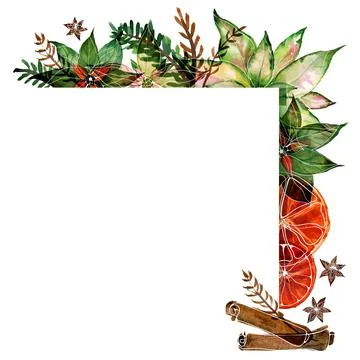 Christmas text space coner frame with watercolor poinsettia and ale and spice Stock Illustration