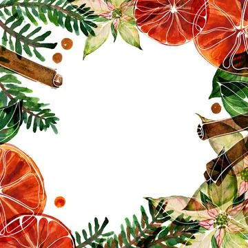 Christmas text space square frame with watercolor poinsettia and ale and spic Stock Illustration
