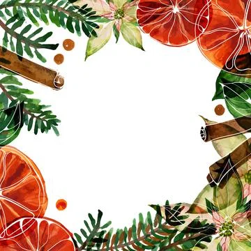 Christmas text space square frame with watercolor poinsettia and ale and spic Stock Illustration