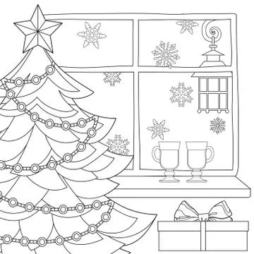 Christmas theme poster with xmas tree, star, garland light, snowflakes, mulled Stock Illustration