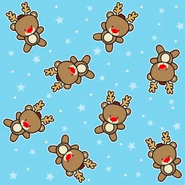 Christmas theme seamless pattern with cute baby reindeer with snow and stars Stock Illustration