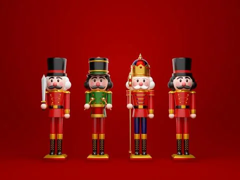 Christmas theme of set of nutcracker on red background, 3d illustration Stock Illustration