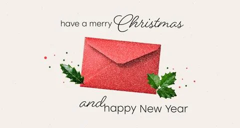 Christmas-themed card with red envelope and confetti and leaves. Wetcorn trendy Stock Illustration