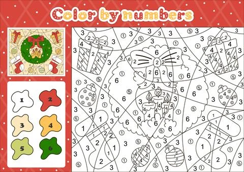 Christmas themed coloring page by number for kids with cute christmas wreat.. Stock Illustration
