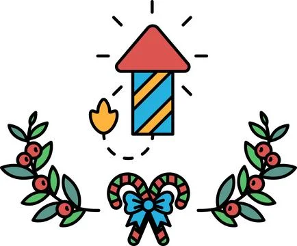 A Christmas themed drawing of a rocket ship with a red and blue rocket Stock Illustration