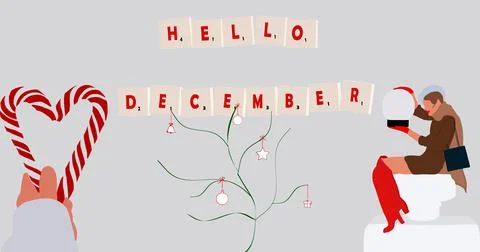 Christmas-themed elements with HELLO DECEMBER text Stock Illustration
