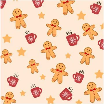 Christmas themed pattern composed of gingerbread men, hot chocolate filled cu Stock Illustration