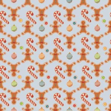 Christmas-themed pattern featuring gingerbread cookies, candy canes, and or.. イラスト素材