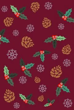 Christmas themed pattern of pine cones, holly berries and snowflakes Stock Illustration