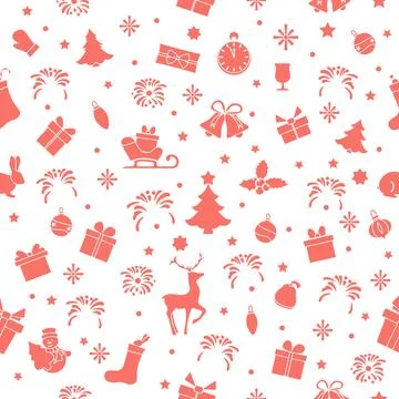 Christmas themed pattern with red icons including gifts, trees, and snowfla.. 스톡 일러스트