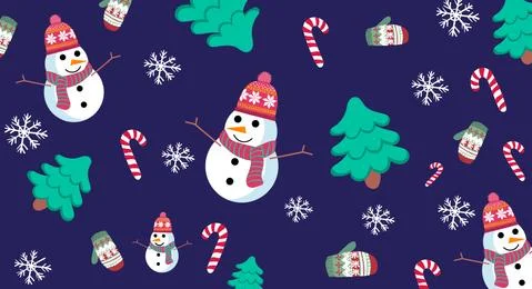 Christmas themed pattern with snowman, pine trees, snowflakes, gloves and can 스톡 일러스트