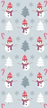 Christmas themed pattern with snowman, pine trees, snowflakes and candy canes 库存插图