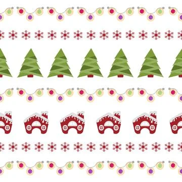 Christmas-themed pattern with trees, snowflakes, gingerbread houses, and fe.. Stock Illustration
