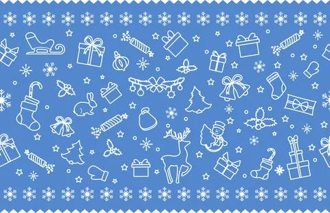 Christmas themed pattern with white holiday icons on a blue background, ide.. Stock Illustration