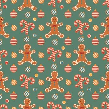 Christmas-themed seamless pattern featuring gingerbread men, candy canes, a.. Stock Illustration