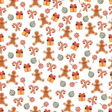 Christmas-themed seamless pattern with gingerbread, candy canes, gifts, and.. Stock Illustration