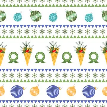 Christmas-themed seamless pattern with ornaments, wreaths, and festive deco.. 스톡 일러스트