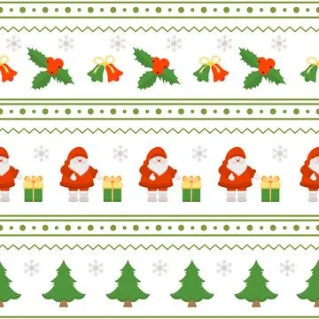 Christmas-themed seamless pattern with Santa Claus, gifts, holly, snowflake.. 스톡 일러스트