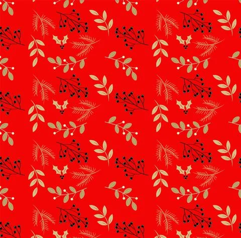 Christmas themed seamless vector pattern with gold elements on a red backgrou 스톡 일러스트