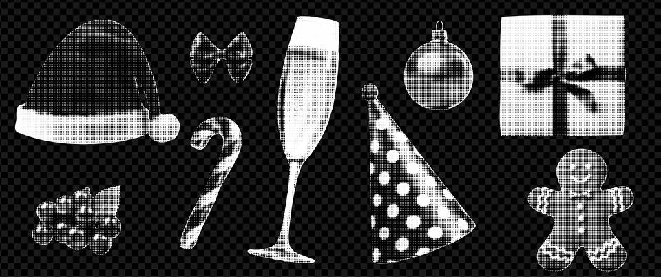 Christmas themed set, elements in halftone processing with painted doodles. Pack Stock Illustration