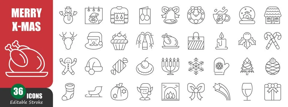 Christmas thin line icon . Editable stroke . Vector . Set 5 of 5 . Stock Illustration