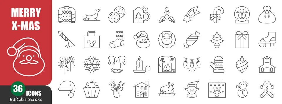 Christmas thin line icon . Editable stroke . Vector . Set 3 of 5 . Stock Illustration