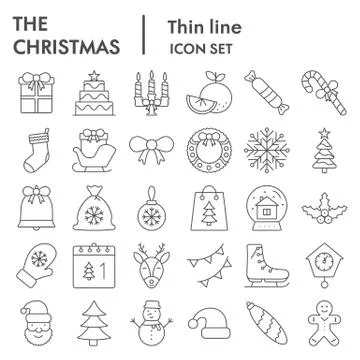 Christmas thin line icon set. Winter holiday collection, sketches, symbols. New Stock Illustration