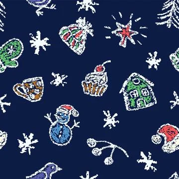 Christmas things seamless dark pattern. Holiday set. Tree, snowman, bird Stock Illustration