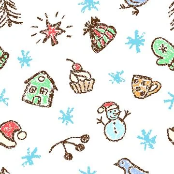 Christmas things seamless pattern. Holiday set. Tree, snowman, bird, Santa Claus 스톡 일러스트