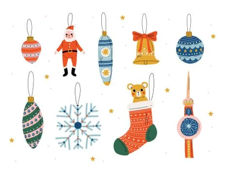 Christmas Three Decorative Elements Hanging on Ribbons Set, Traditional New Year Illustrazione stock