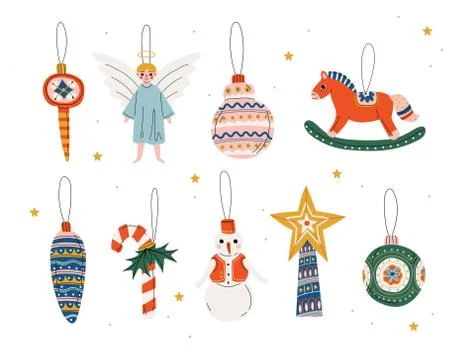 Christmas Three Decorative Elements Hanging on Ribbons Set, Traditional New Year Stock Illustration