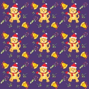 Christmas tiger in santa hat Pattern. Cute drawings of characters on the theme Stock Illustration