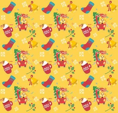 Christmas tiger in santa hat Pattern. Cute drawings of characters on the theme Stock Illustration